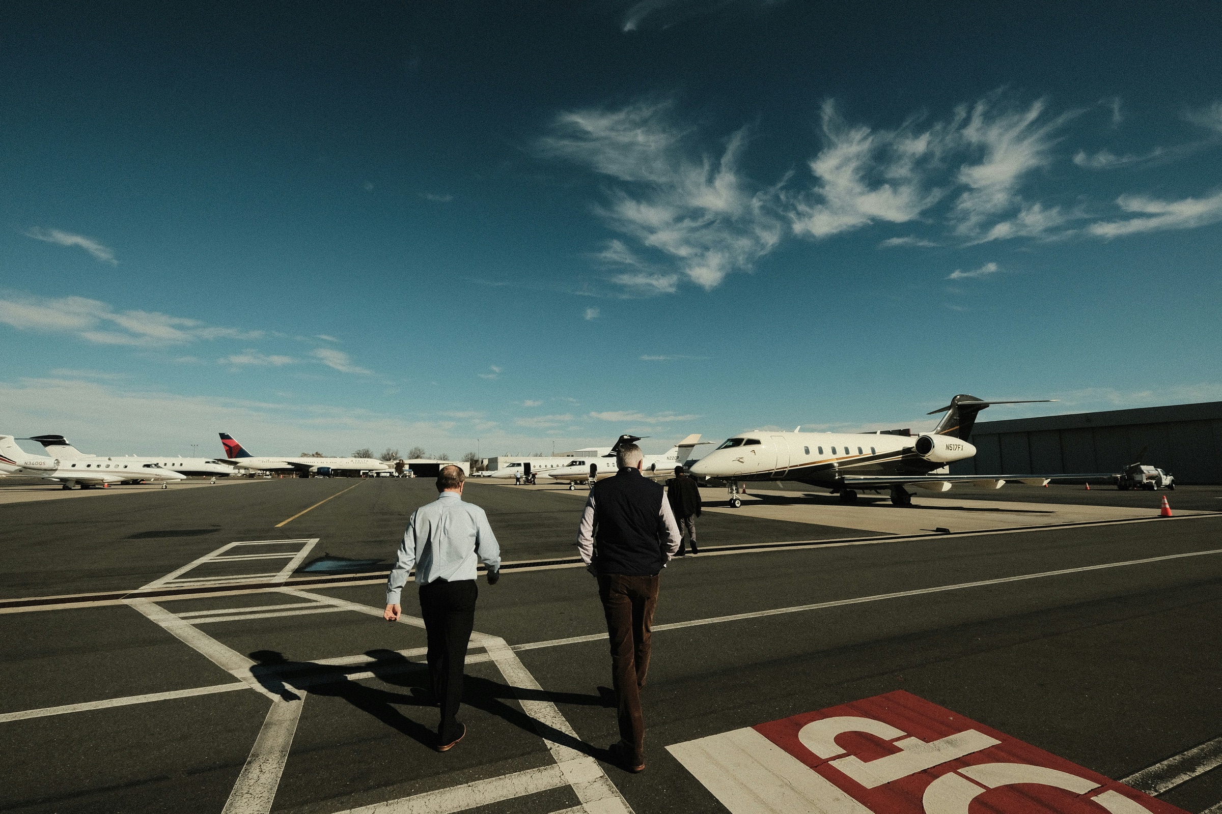 Private aviation ramp at dusk
